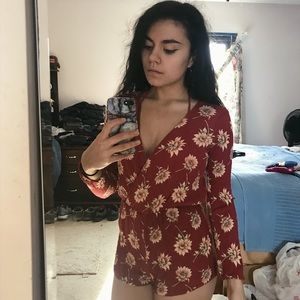 F21 Dark Red Sunflower Romper
